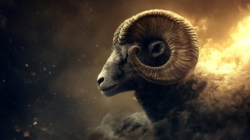Stellar side-lit ram portrait with volumetric clouds and nebular glow