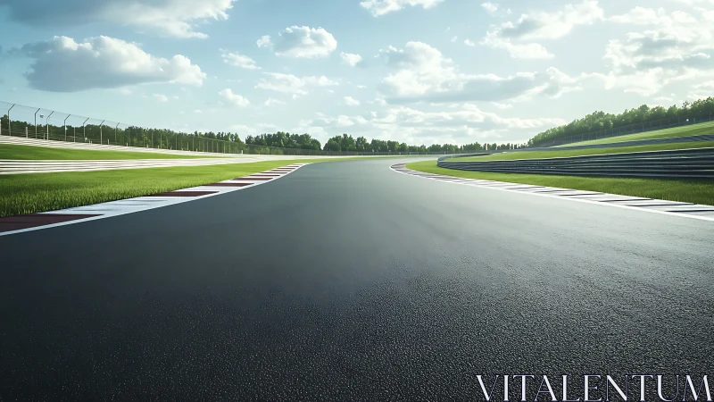 Sunlit racing circuit bends through open green landscape.