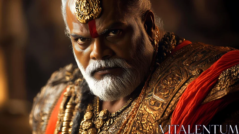 Cinematic warrior portrait with ornate gilded armor lighting.