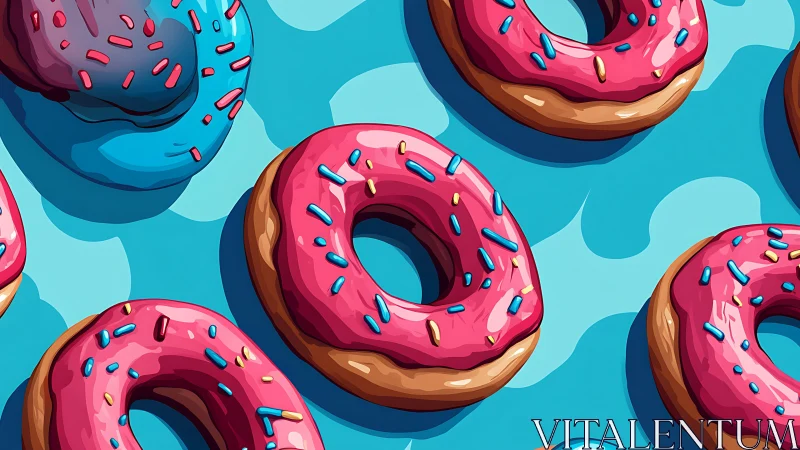 Vibrant pink glazed donuts on cyan graphic backdrop.