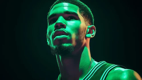 Emerald arena lights sculpt a poised basketball warrior’s focus