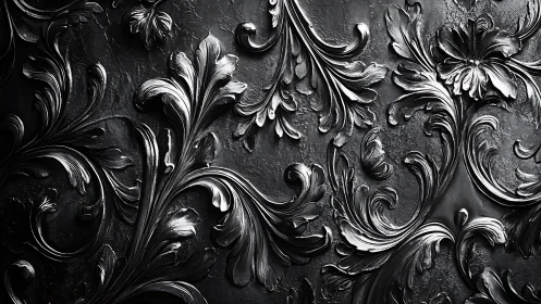 Baroque metallic floral relief on textured monochrome ground.