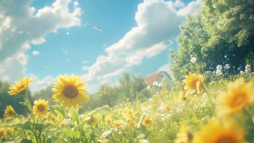 Sunlit wildflower meadow under expansive summer sky.