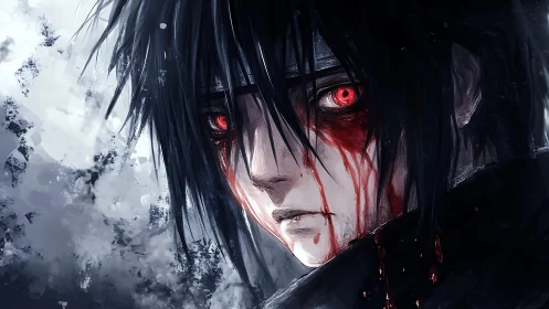 Bloodlit gaze of a broken warrior in stormed grayscale.