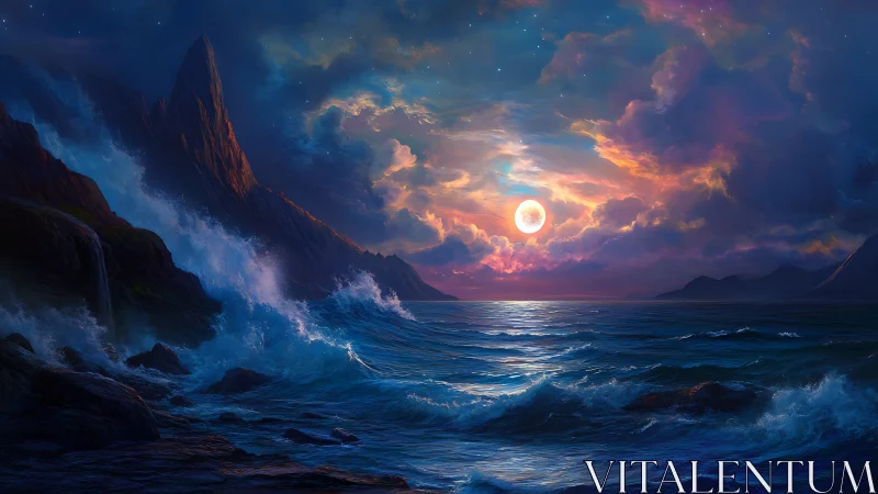 Lunar-illuminated tempest seascape with stratified storm clouds.