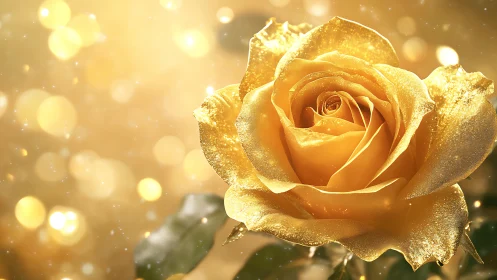 Golden rose blooms under radiant bokeh light field.