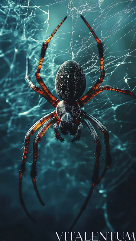 Spider hangs on detailed web in high contrast lighting