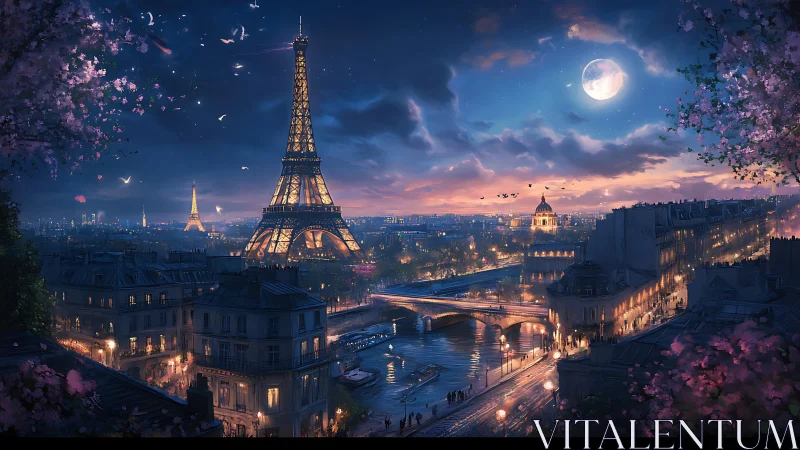 Moonlit Paris skyline glows softly around the Eiffel Tower