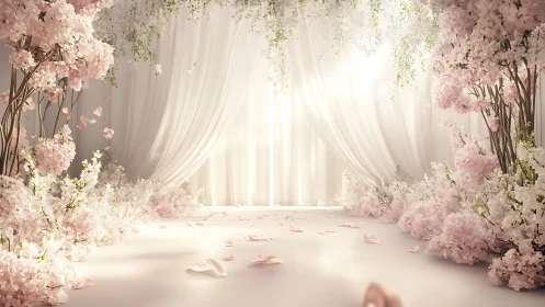 Digital painting of ethereal floral aisle with draped backdrop.