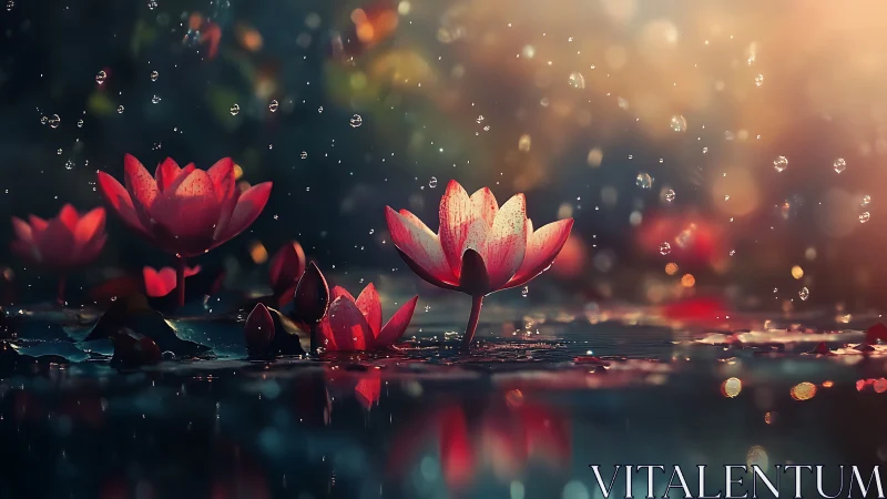 Red lotus flowers floating in water with water droplets and soft bokeh lighting.