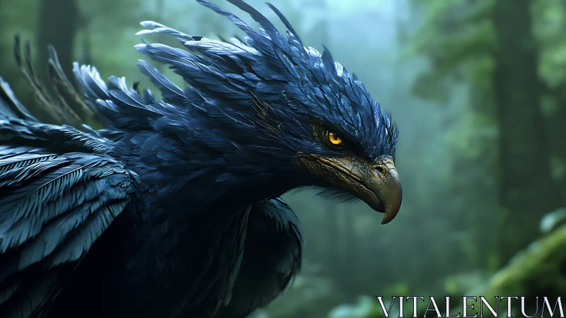 Majestic Blue Mythical Bird in Lush Forest, Fantasy Art Style.