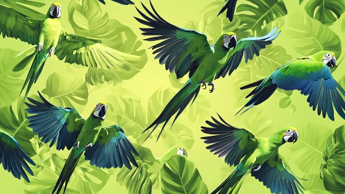 Sky-dancing green parrots over lush tropical leaves.