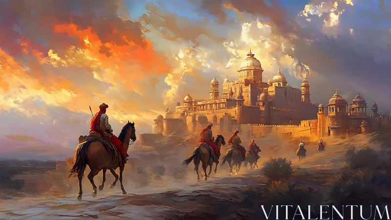 Sunlit riders approach a majestic golden desert palace