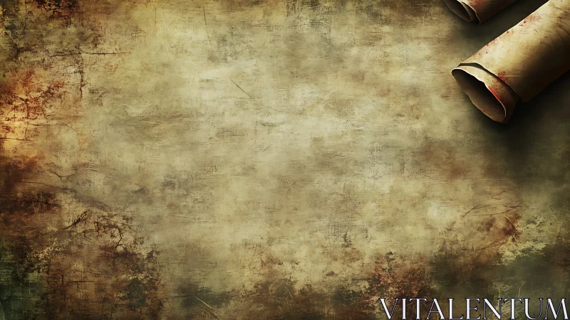 Weathered parchment backdrop with curled ancient scrolls.