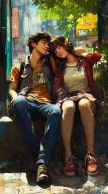 Young couple sits close together on sunlit city steps