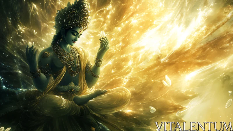 Divine blue deity in radiant golden cosmic meditation.