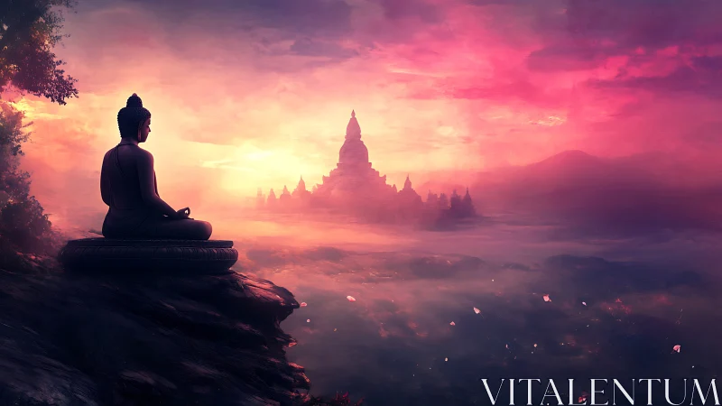 Silhouetted Buddha statue overlooks misty temples at dawn