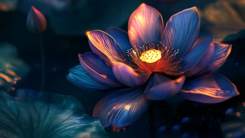 Luminescent lotus flower with gradient blue-orange petal lighting
