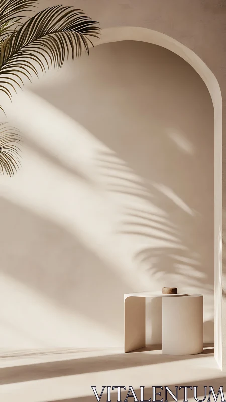 Minimalist beige archway interior with palm shadows and table