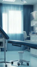 Clinical examination room with medical chair and stool.