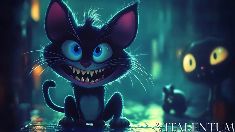 Hyperlit cartoon alley cat with exaggerated teeth and neon rim light