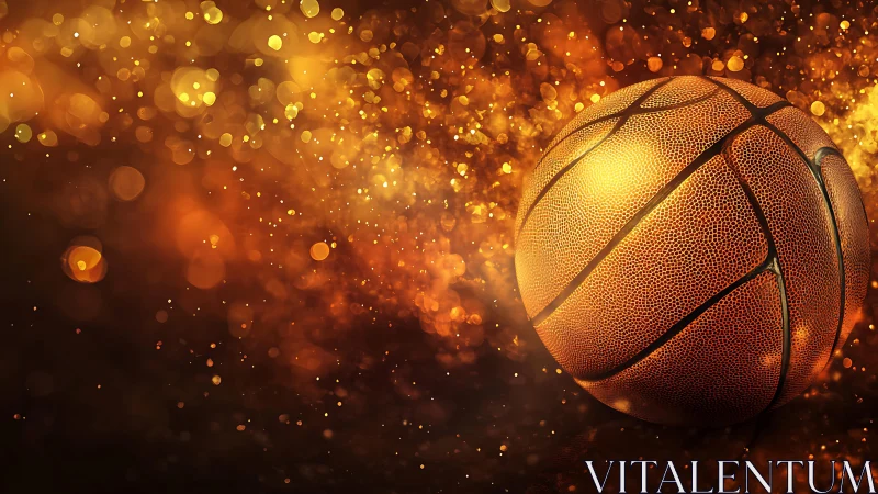 Golden basketball glows amid vivid bokeh light field.