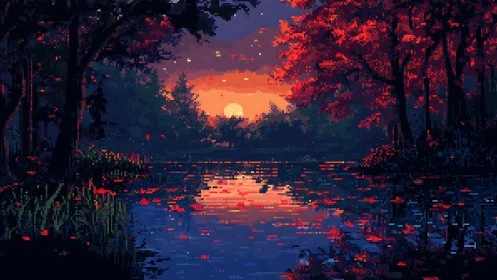 Pixel sunset over tranquil forest lake with red trees.
