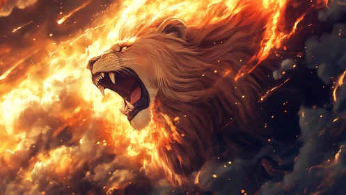 Blazing sky-lion roars through storms of molten dawn fire.