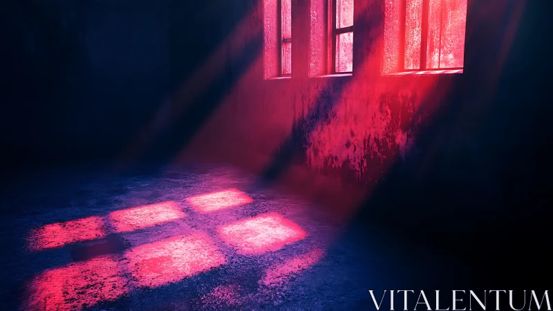 Volumetric magenta light through industrial windows in darkness
