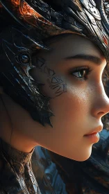 Dragon-helmed warrior maiden in molten bronze twilight focus.