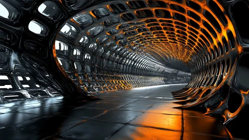Futuristic lattice tunnel with glowing molten highlights.