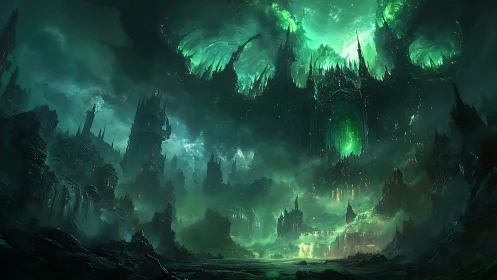 Eldritch citadel inhales emerald stormlight above ruins