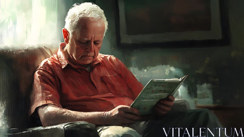 Elderly reader in warm interior, contemplative side lighting.