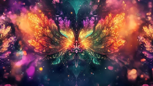 Cosmic butterfly bloom ignites a nebula of molten color.