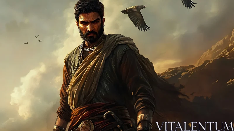 Stormlit wanderer stands strong beneath circling desert hawks