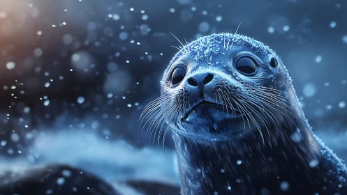 Seal pup stares through arctic snowfall in icy blue light.