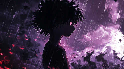 Silhouetted anime profile under dynamic rain with magenta backlight
