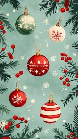 Festive Christmas ornaments suspended amid stylized fir branches