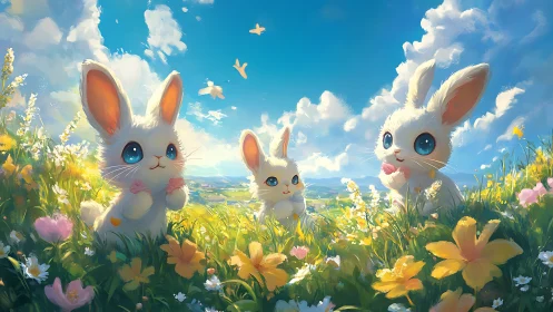 Three white cartoon rabbits sit in a bright flower meadow