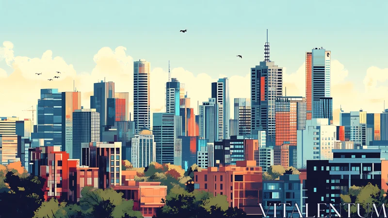 Urban skyline is rendered with stylized geometric high‑rises