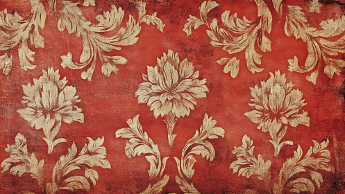 Aged gold damask floral pattern over distressed red ground