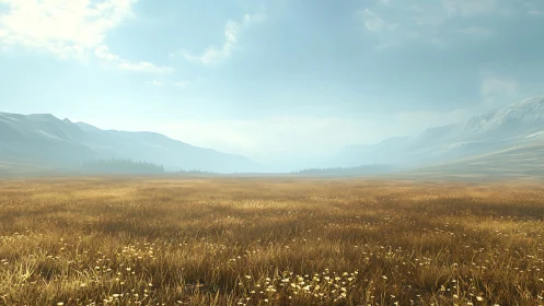 Sunlit grassland stretches toward distant misty mountains