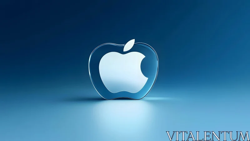 Glass Apple Logo on Blue Gradient Background, Modern 3D Style.