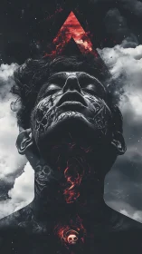 Dark portrait with red inferno and ascendant arrow motif.