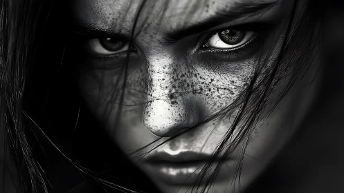 Intense freckled stare dominates a dramatic monochrome portrait.