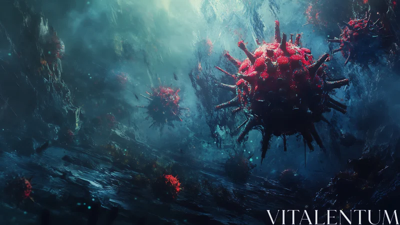 Alien viral spheres drifting through submerged abyssal cavern.