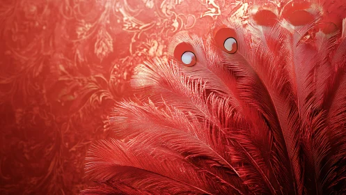Radially fanned red feathers against embossed floral background