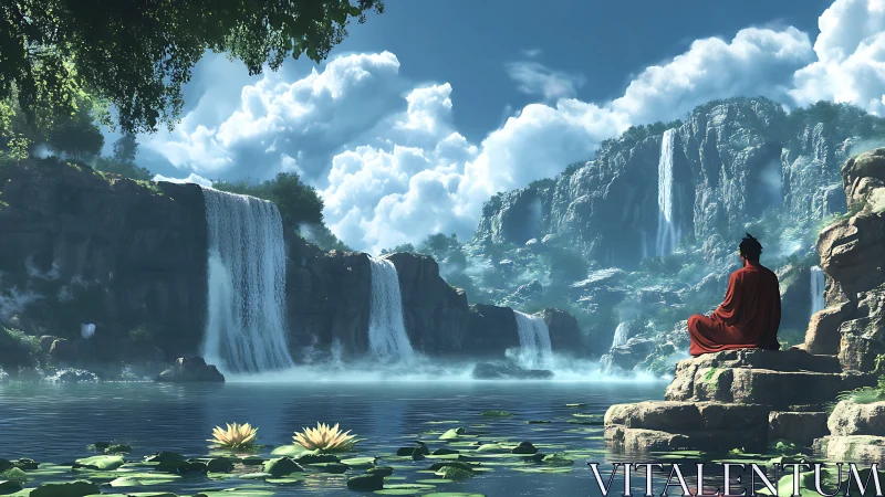 Digital painting of meditative monk by cascading waterfalls.