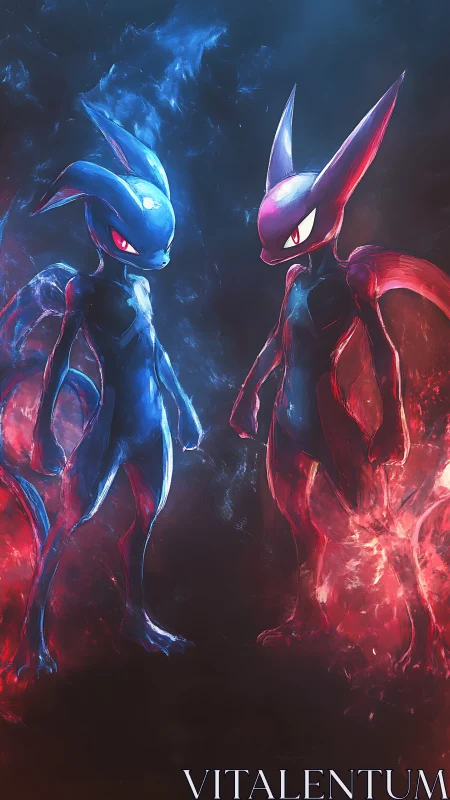 Elemental twins stand in glowing red and blue starlight.
