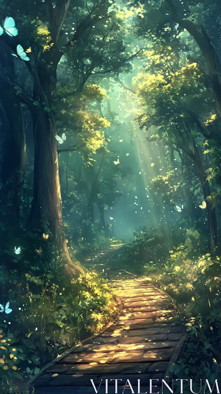 Enchanted forest passage bathed in ethereal golden light.